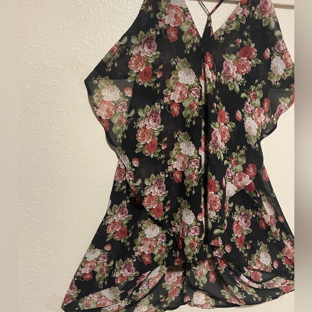 Semi Sheer Floral Asymmetrical Mini Dress Black Rose Print Strappy Small - Picture 6 of 7